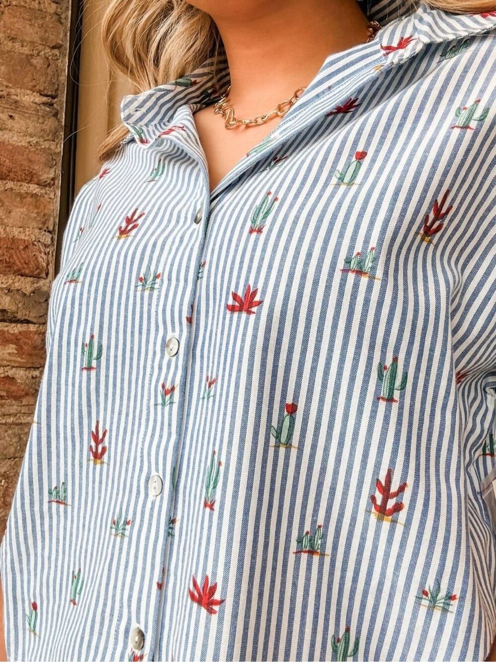 Tribal 100% Cotton Cactus Print Button Front Blouse In Blue Stripe Sz L NWT